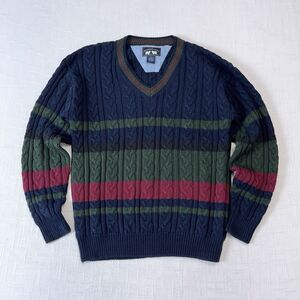 Men's Navy and Green Cable Knit Sweater